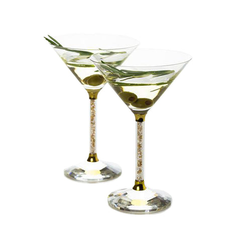 Set of 2 Martini Glasses with Gold and Clear Crystal Filled Stems